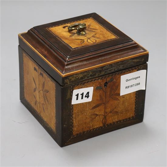 A George III mahogany, satinwood and marquetry square tea caddy, the interior with a covered section, height 12.5cm